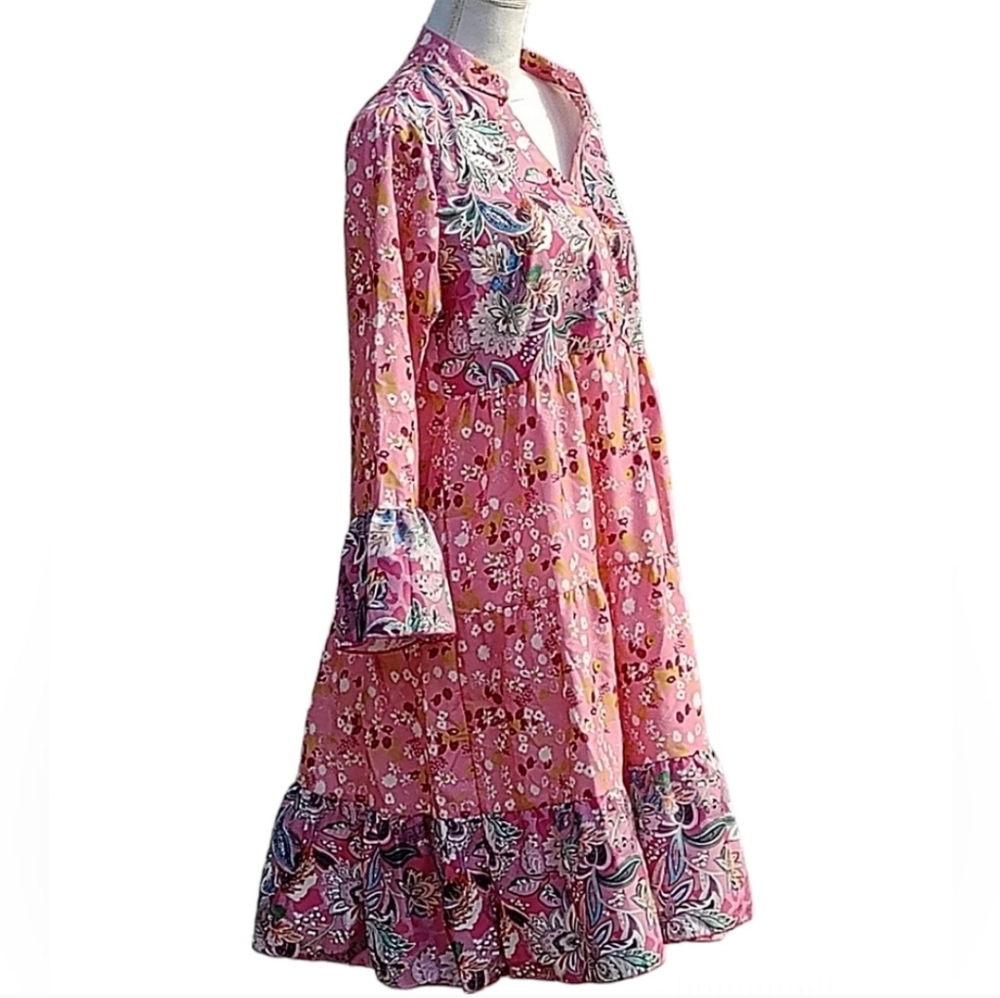 NWOT Spring Summer Dress Pink Floral Multi-Color Silky Feel Tiers Bell S…